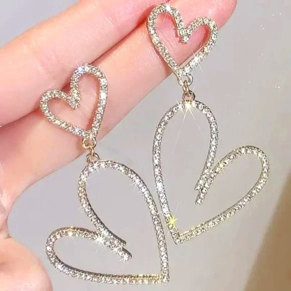 NEW 1 Pair Golden Clear Gemstones Double Heart Rhinestone Drop Dangle Earrings